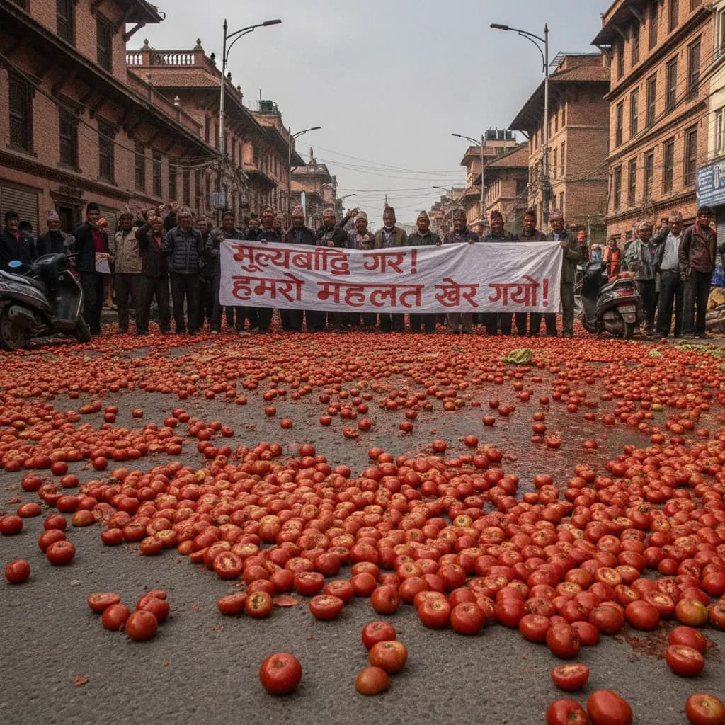उचित मूल्य नपाएपछि काठमाडौँको सडकमा गोलभेँडा फालेर किसानको प्रदर्शन