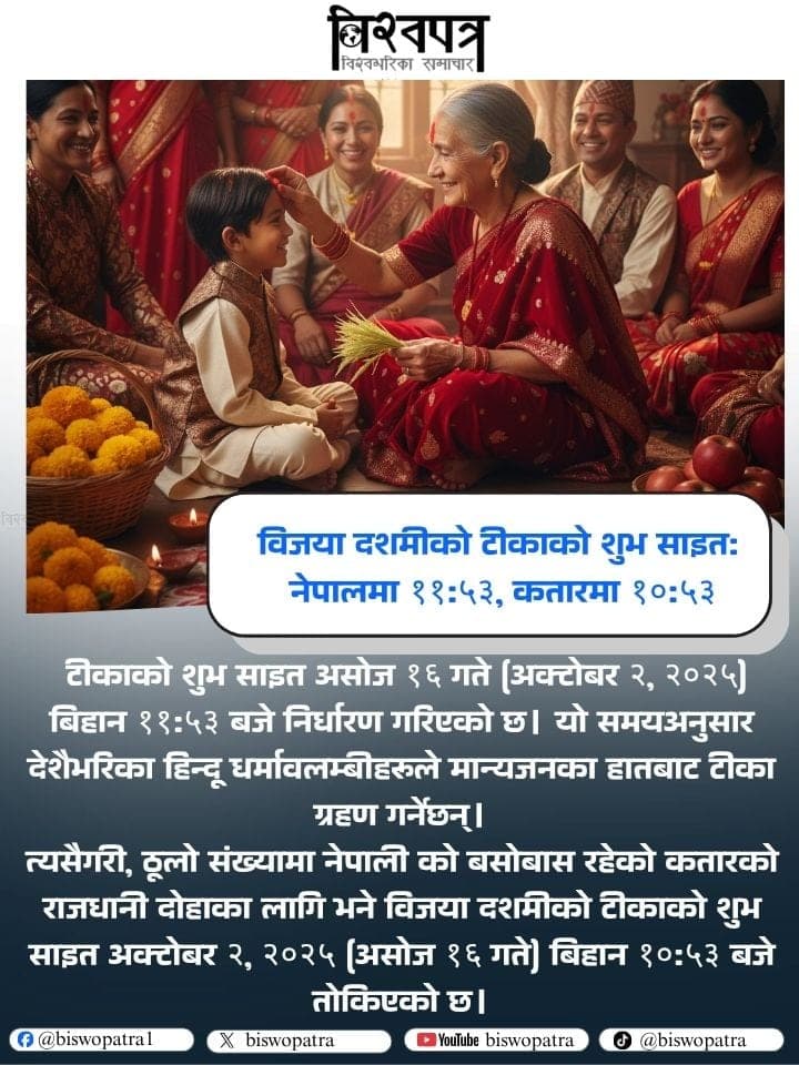 विजया दशमीको टीकाको शुभ साइत: नेपालमा ११:५३, कतारमा १०:५३